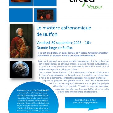 Conférence « Le mystère astronomique de Buffon » vendredi 30 septembre à la forge de Buffon par Emeric Falize.